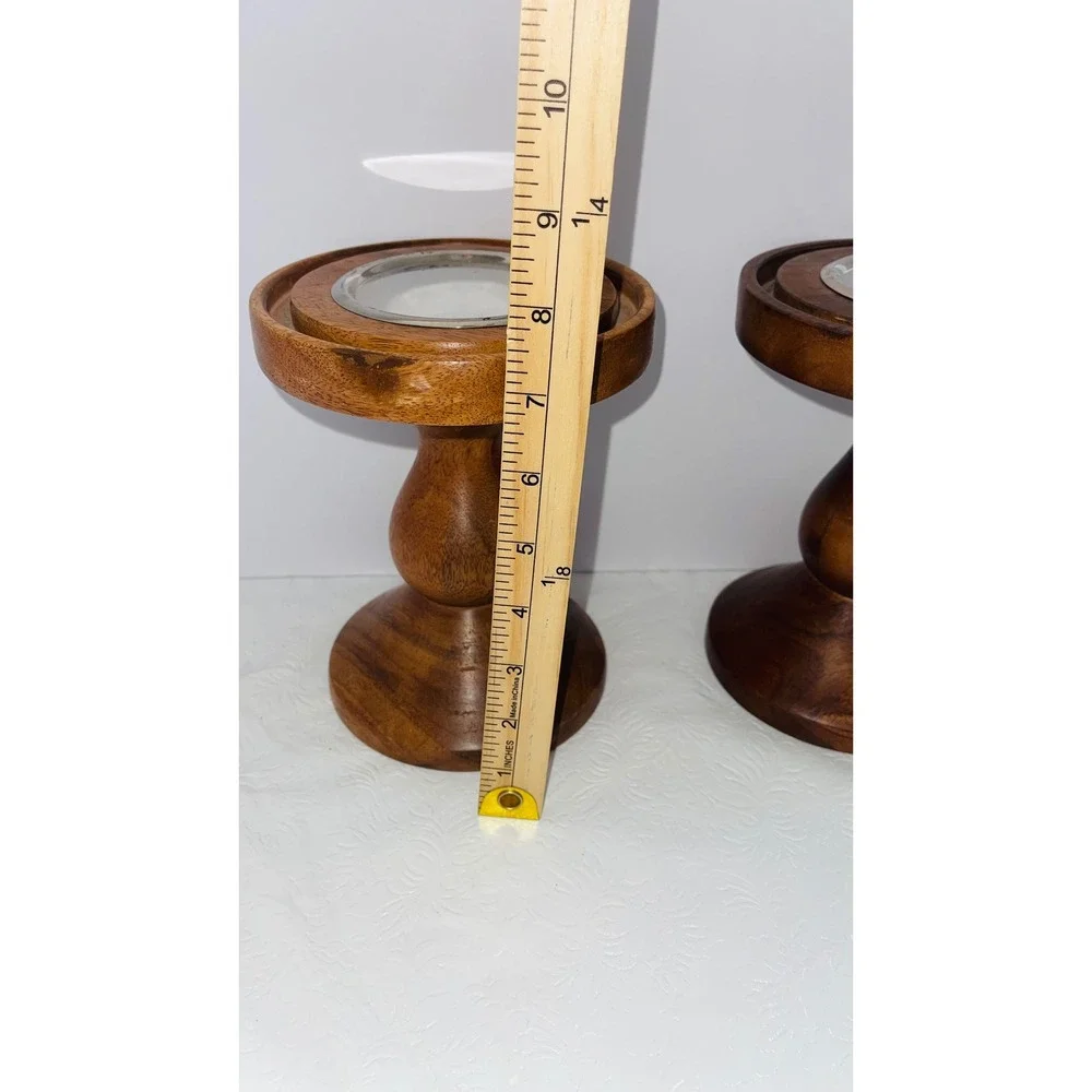 Pair Turned Wood Pillar Candle Holders Metal Insert Stand 8 Inch Farmhouse⁠